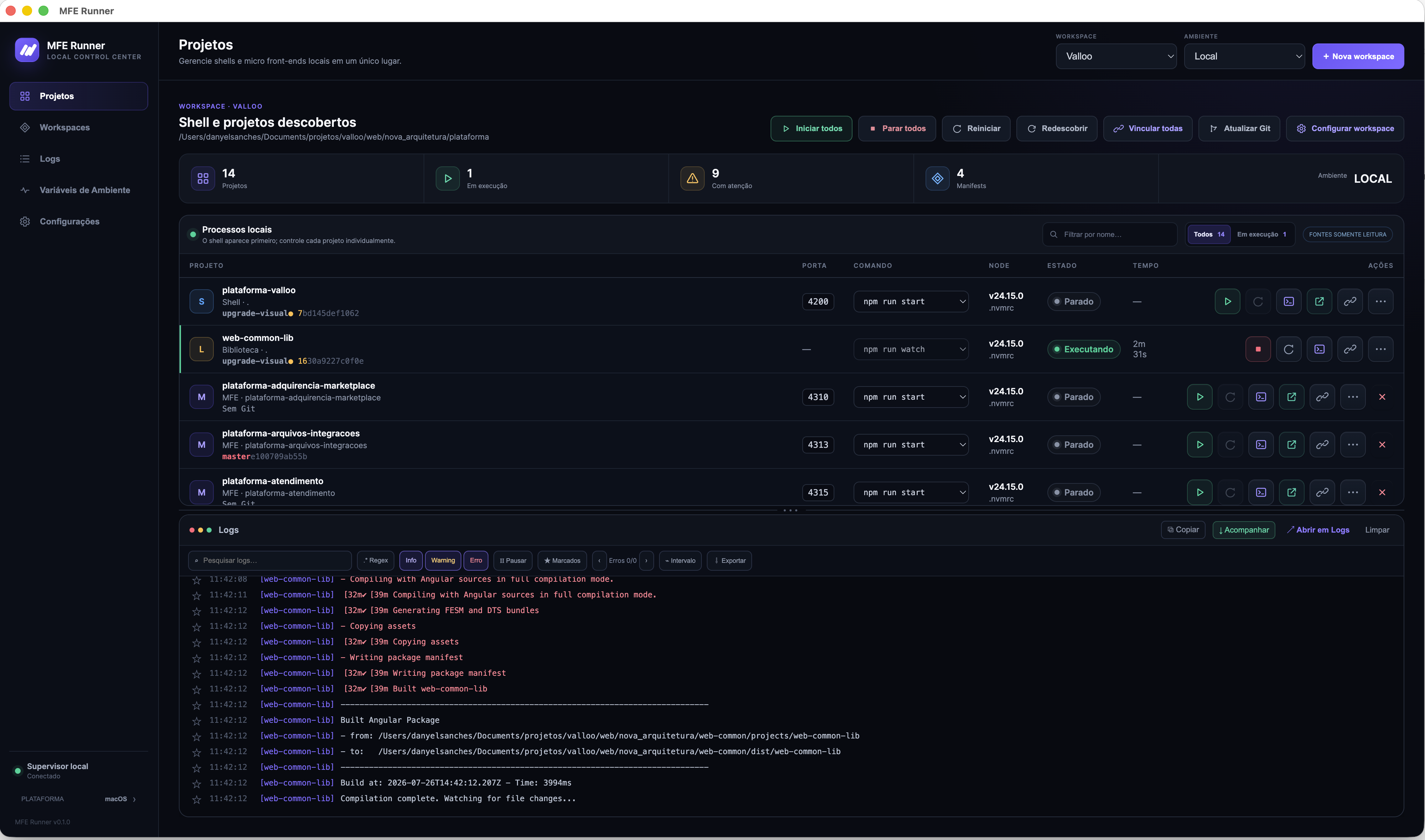 Interface do MFE Runner mostrando projetos, estados e logs de uma workspace
